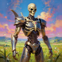 he - man, eternia, skeletor, dreamy sky, olive fields in the distance, very colorful painting 8 k trending on art station, intricate superb details, digital art, cinematic lighting, volumetric lighting, photographic, blur bokeh defocus dof sky by afremov, award winning masterpiece.