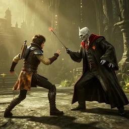 Screenshot from new Borderlands DLC featuring Harry Potter fighting Voldemort, 8k photorealistic