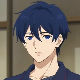 anime concept art of a man with navy blue hair