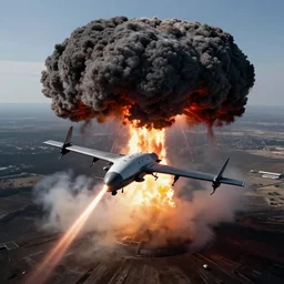 combat drone strike war footage, ir, infrared camera, very high contrast, nuclear cloud, high angle vertical