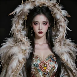 a beauty oil portrait of a heaven goddess with prety face, wearing a feathered cloak and a fancy silk floral dress, ornate, ultra realistic, concept art, intricate details, eerie, highly detailed, photorealistic, octane render, 8 k, unreal engine. ruan jia, wlop. scifi, fantasy, intense colors, hyper detailed, octane render, concept art, by peter mo