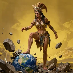 hyperrealist highly detailed neo-baroque portrait of god as an angry amazon woman crushing earth into pieces with her foot concept art pascal blanche dramatic yellow lighting 8k wide angle shallow depth of field