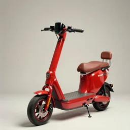 vintage analog product photography of an electric scooter, 70s design, bright red, studio lighting, film grain, lensflare, color bleed, glare
