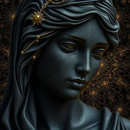 detailed fairuz black marble statue, by james gurney + intricate and vibrant gold line work + tarot card + mandelbulb fractal + full of black layers + portrait + trending on artstation + incredible gold and black gothic illustration + exquisite detail