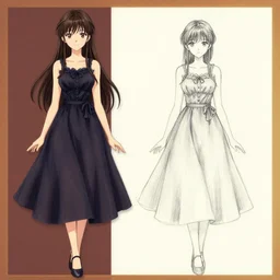 a woman in a dress and a drawing of a woman in a dress, concept art by yoshitaka amano, pixiv contest winner, sots art, official art, concept art, 2 d game art