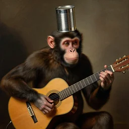 monkey playing guitar while wearing a tin can on the head as hat, photorealistic ultra detailed 4k renaissance painting