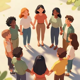 creative creed team of 8 people standing in a circle holding hands, good vibes, sunshine, laughter, positive beaming, digital art, artstation