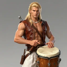 a male ranger with a bongo drum and nunchucks,, dnd, wearing a leather vest and white linen pants, chiseled good looks, long swept back blond hair, puka shell necklace, digital art