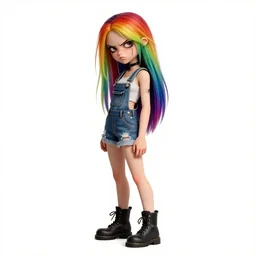 a grungy woman with rainbow hair, drunk, angry, soft eyes and narrow chin, dainty figure, long hair straight down, torn overalls, short shorts, combat boots, basic white background, side boob, symmetrical, single person, style of by Jordan Grimmer and greg rutkowski, crisp lines and color,