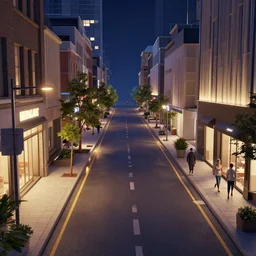street in urban environment lit up at night, cg artists, 3 d modelling, technical drawing, photorealistic render, ray traced lighting, big cities, night lights, roads lined with towering skyscrapers, long distance look, downtowns, cities, traffic, nighttime view, neon lights, advertising billboards, illuminated signs, animated crowd, animation, crowds, movement, bustling pedestrians, people walking