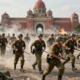 Soldiers storming the capital, highly detailed, photorealistic, 4K