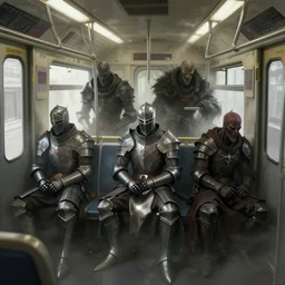 dark souls various knights and ghouls sitting in the bus concept art artwork by masanori warugai, intricate detailed 4 k, soft light, volumetric fog, soft glow, eerie, metro, inside of a metro train, urban fantasy