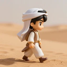 profile view of arabic young aladdin as nendoroid walking in a desert, 8 k, hd, dof, kodak film, volumetric lighting, subsurface scattering, photorealistic, octane render