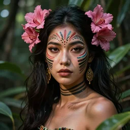 a beautiful portrait of a beautiful woman in the jungle surrounded by pink flowers, tribal face paintings, fantasy art
