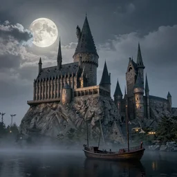 Hogwarts, ship on lake,dark misty, monumental, old ruins tower, , HDR, by Simon Stålenhag, moon, clouds, mist, moon rays, Zhangjiajie in early morning, light and shadow, Shin-hanga by Thomas Kinkade and Bob Ross, traditional Japanese colors, superior quality, masterpiece, featured, trending, award winning, HD, UHD, 4K, 8K, anamorphic widescreen