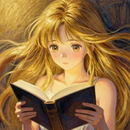 recursive image with a girl reading a book, large eyes, her long hair flowing, surreal, oil pastels and gold, in the style of katsuhiro otomo, modeled in poser, redshift render, uhd