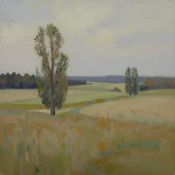 a beautiful landscape in the style of bob ross, muted colors, oil painting