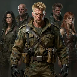 portrait painting of post - apocalyptic muscular angry blond man wearing old military fatigues, ultra realistic, dieselpunk, concept art, intricate details, eerie, highly detailed, photorealistic, octane render, 8 k, unreal engine. art by artgerm and greg rutkowski and charlie bowater and magali villeneuve and alphonse mucha