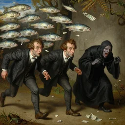 The medium shot of three sarcastic mans with a lot of fish running away with a small profit of money, Grim Reaper laughs and follow them, by Hieronymus Bosch and Pieter Bruegel inspired by Terry Pratchett, super detailed oil painting, hyper realistic, 4k, masterpiece