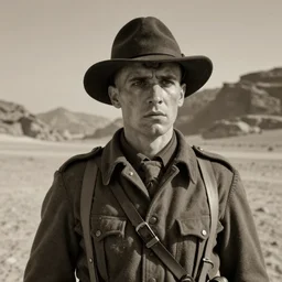 a detailed photorealistic sepia - toned color portrait photo of a 1 9 1 7 worried clean - shaven british lieutenant in detailed field gear not wearing a hat in wadi rum, ultra realistic, painted, intricate details, lovecraft, atmospheric, dark, horror, brooding, highly detailed, by clyde caldwell