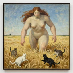 by Leonora Carrington, a brown haired giantess rising above a field of wheat. Cats are playing. Oil painting, high res, art museum quality.