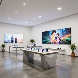 ( ( ( minimalist neon flagship samsung store, white walls. polished concrete floor. low ceilings with lights. geometric furniture, with large digital screen. display tables with phones and tablets, pots with plants, large digital screens on the walls ) ) ) concept art, muted colour, john berkey, beeple, wlop, makoto shinkai, yoji shinkawa, wadim kashin, artstation, 4 k