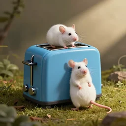 a blue toaster being carried in the arms of a white mouse