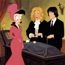 illustration of Olive Oyl with isacc newton and john lennon at a wake