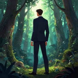 A tall man with a suit gazing thru a magical forest, digital art made by Stanley Artgerm Lau, WLOP, Rossdraws, James Jean, Andrei Riabovitchev, Marc Simonetti, Yoshitaka Amano, ArtStation, CGSociety
