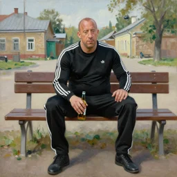 vin diesel in black adidas sport costume, as gopnik character, sitting on a bench, holding beer bottle, in the courtyard of a provincial russian town, intricate, oil on canvas, naturalism