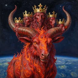 diadems, crowns, crowns on a ten horned beast with seven heads, fiery red, detailed, intricate, matte painting by Michael Whelan, Les Edwards, Jim Burns, in background starry night sky and distant earth