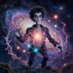 galaxy bender experiencing the quantum field, elevated consciousness, beautiful astrological neural network, bob ross matte painting and tim burton comic book art, realistic, trending on artstation, sharp focus, depth of field, cinematic composition, physics splashes of colors, octane render, unreal engine