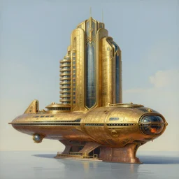 atlantis paradise, a retro futuristic spaceship made of brass bronze gold, art deco influence, hotel style design. bioshock, starship titanic. clean, well composed painting by artgerm and greg rutkowski