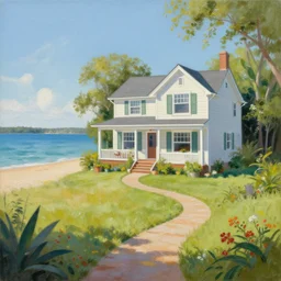 a painting of a beautiful house on the beach the beach in the backyard in the lake in the backyard also
