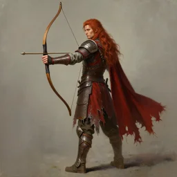 a painting of an elven archer with long red hair holding a bow, wearing elven tribal ornamented armor, red ragged cape, full body concept, beksinski, weta workshop concept art, ruan jia