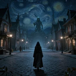 lady dressed in long hooded cloak walks in empty lovecraftian town square surrounded by houses and inns.. cthulhu statue.. lovecraftian city at night by cyril rolando and naomi okubo and dan mumford and ricardo bofill.. lovecraft.. cobbled streets.. oil lamp posts.. lovecraftian.. starry night swirly sky.