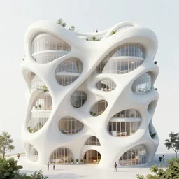 building formed from organic white growing tendrils forming the structure of the building. these shapes grow and twist leaving voids, which are occupied by panes of glass and small furniture. these voids are inhabited, dwellings, lived in by small people. architectural rendering, octane 4 k