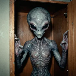 grainy photo of a grey alien as a creepy monster in a closet, harsh flash