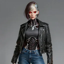 A realistic anime portrait of a female terminator with glowing red eyes wearing jeans and a leather jacket, digital painting, by Stanley Artgerm Lau, Sakimichan, WLOP and Rossdraws, digtial painting, trending on ArtStation, SFW version