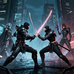 ninja cyborgs katana duel in cybercity, after dark, poster by michael whelan and gilbert williams and evgeny lushpin and artgerm and alena aenami, 3 0 mm, highly detailed