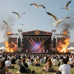 realistic cinematic views of a orwellian coachella with wildfires in the background and dead seagulls falling from the sky in front of the main stage worshipping a large statue of kim kardashian and kylie jenner, hyper detailed, terror glows, hyper realistic, digital painting, 8 k, 3 5 mm film grain, octane render