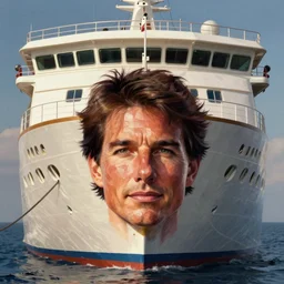 a cruise boat, embedded in the front of the boat is the face of tom cruise