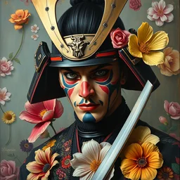 portrait of a samurai warrior, goth punk, floral flowers, vibrant colors, surreal, a french baroque by jean paul gaultier, art by john collier by greg rutkowski and john william waterhouse, oil on canvas