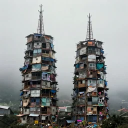 two towers, made up of makeshift squatter shacks, misty, dystopia, mamiya rb 6 7, fully frontal view, very detailed, digital glitches, photographed by jeanette hagglund