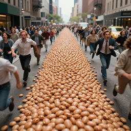 a photograph of a sea of baked beans flowing like a river along the center of a new york street, a large panicking crowd are running towards the camera, by Claes Oldenburg, Tilt shift, pop art, 3D render, Volumetric dynamic lighting, Highly Detailed, Cinematic Lighting, Unreal Engine, 8k, HD