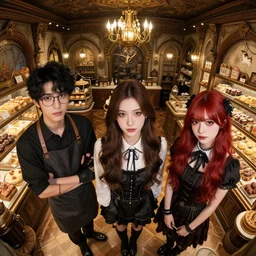 Three young adults working in a magical bakery, one of the friends is a young man with glasses and black hair, the second friend is a beautiful young woman with brunette hair without glasses, the third friend is a cute goth girl with red hair without glasses, wide angle photography, highly detailed and intricate, fantasy bakery interior setting, high resolution photograph, cgsociety, facial symmetry