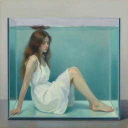 oil painting of girl sitting in fish tank drowning alone. she is wearing a white dress and has long brown hair. by aron wiesenfeld.