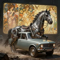 photo of VAZ2105 mechanical horse as a loading screen, intricate, dystopian, sci-fi, extremely detailed, digital painting, artstation, concept art, smooth, sharp focus, illustration, intimidating lighting, incredible art by artgerm and greg rutkowski and alphonse mucha and simon stalenhag