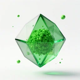 a floating green octahedron made of thick glass, green particles floating around it, center of screen, white bg, unreal engine, concept art