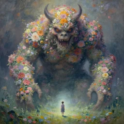 a gigantic beautiful terrifying monster made of flowers looms over a tiny human. ethereal horror fantasy art by greg rutkowski and raymond swanland and monet